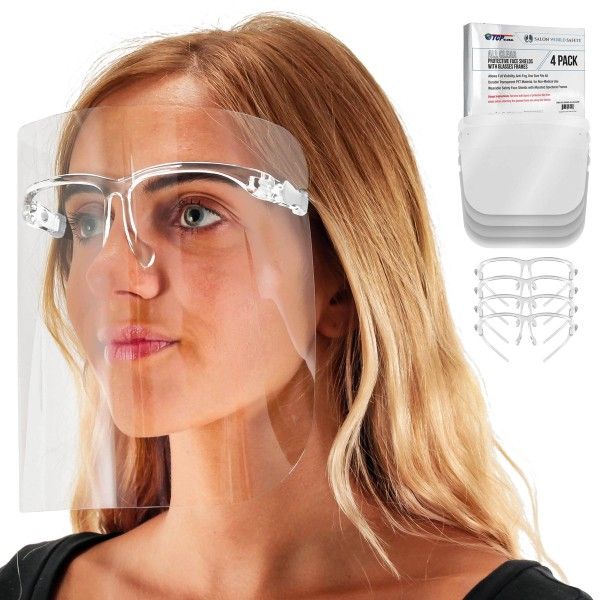 Salon World Safety Clear Face Shields with Glasses Frames (4 Pack) - Anti-Fog