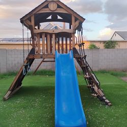 Large Outdoor Kids Wooden Play Structure With Swings Slide Climb Wall Fort Climb Rope Etc