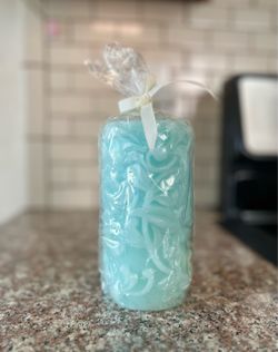 Beautiful Wrapped Carved Aqua Candle