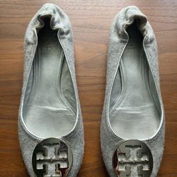 Tory Burch Silver Wool Flats