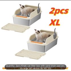 Khaki Color  2pcs Stainless Steel Cat Litter Box With Splash Proof Cover, Oversized Top In Cat Toilet, Semi Enclosed, Anti Sand Cat Litter Box