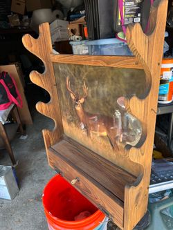 Vintage Evans Sports 4-Gun long Rifle Wooden Rack  deer print lock w Key