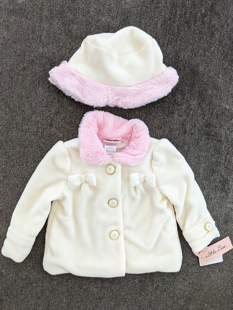 Little Lass 2 Piece Cream and Pink Fleece Coat with Hat Size 12 Months NWT