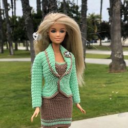 3 Pc Barbie Outfit – Mint Green & Brown Knitted Set – Jacket , Top & Skirt
