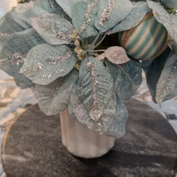Poinsettia & Ball Arrangement In Vintage White Vase