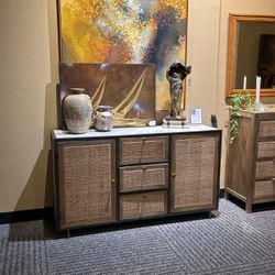 Marble and Rattan Sideboard