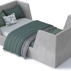 Toddler Bed, Toddler Floor Bed Frame with Guard Rails, Kids Bed for Ages 2-6 Years, Certified Fabric