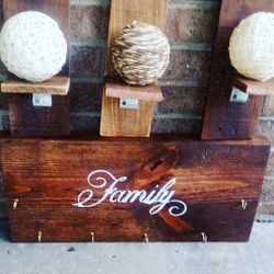 Walnut honey stain key holder with matching wall shelving