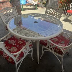 Cast Iron Patio Furniture Dining Table With 4 Chairs And Seat Pads  And Matching Cafe Table With Two Chairs And Seat Pads