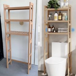 New In Box 66 Inch Tall Over Toilet Organizer Shelf Made With Real Wood Teal Natural Wooden Color Cabinet 