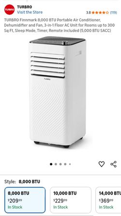 NEW-NO BOX-TURBRO Finnmark 8,000 BTU Portable Air Conditioner, Dehumidifier and Fan, 3-in-1 Floor AC Unit for Rooms up to 300 Sq Ft, Sleep Mode, Timer