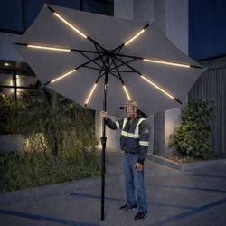 New In Box 9 Feet Tilt Crank Market Patio Outdoor Umbrella With LED Strip Light Gray Stand Is Not Included 