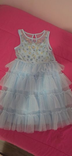 Girls Light Blue Floral Tulle Tiered Dress