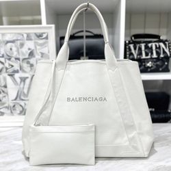 Balenciaga Navy Cabas M Leather White Tote Bag