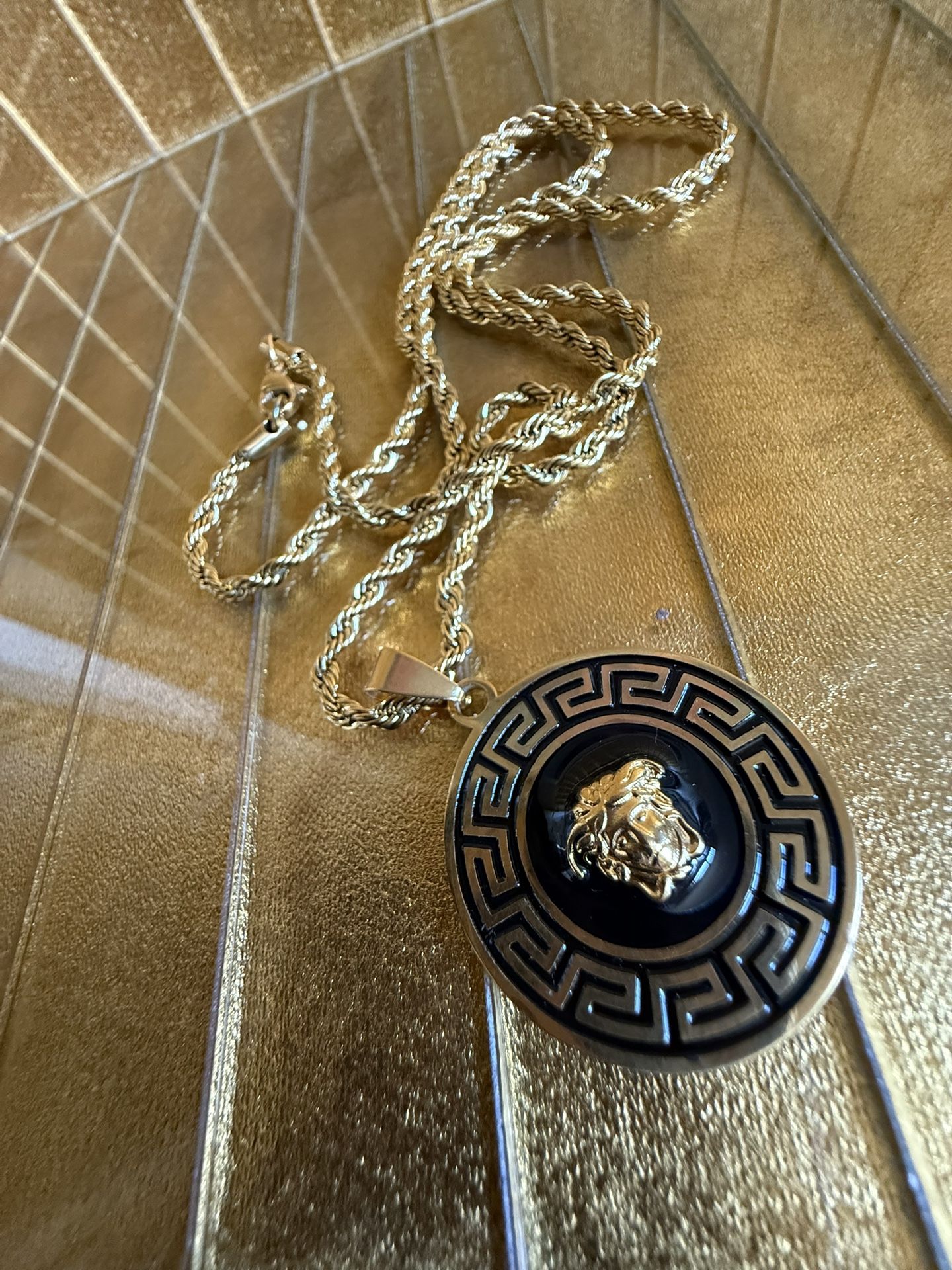 VTG Versace, Gold And Black Rope Necklace Pendant Chain