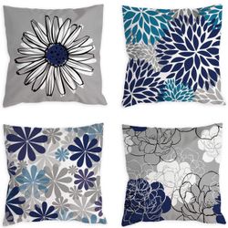 COLORPAPA Blue Pillow Covers 18x18 Set of 4 Grey Decorative Throw Pillow Cover for Couch Modern Daisy Pillows Case for Living Room Cushion Bed Outdoor