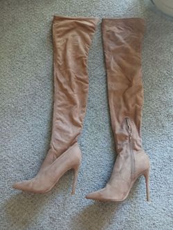 Beige thigh high stiletto boots suede