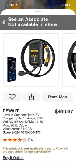 DEWALT Level-2 Compact Tesla EV Charger up to 40 Amps, 240-Volt AC 9.6 Kw, NEMA 14-50 Plug, 20 ft. Cable, Weatherproof, NACS