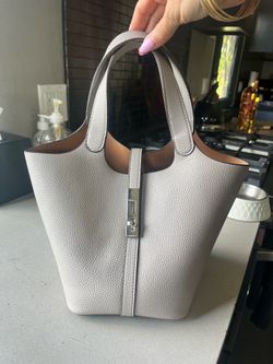 Grey bucket bag purse tote handbag vegan leather silver lock