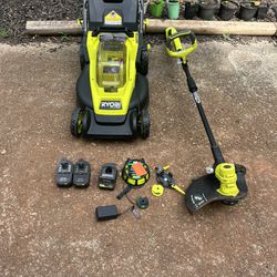 Ryobi ONE+ HP 18V Brushless 16 in. Cordless Battery Walk Behind Push Lawn Mower String Trimmer with (2) 4.0 Ah Batteries and (1) Charger used 160