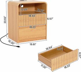 (2)Wood Nightstand with Drawer and Charging Station