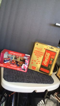 Collectible 2003 Johnny lightning Coca Cola poster car collection 1:64 scale set and vintage 1982 vending machine radio