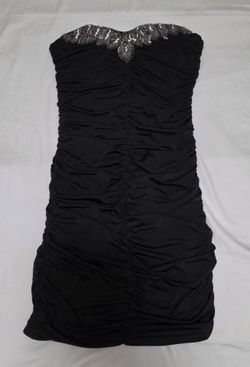 Y2K XXI Forever 21 Rouched Lycra / Spandex Black Dress with Silver Beaded Accents & Zipper Sz M