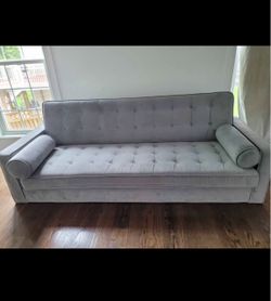 Gray Tufted Velvet Sofa with Bolster Pillows