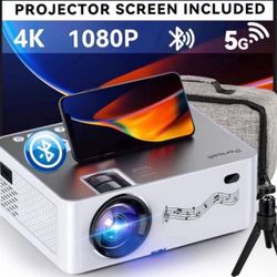 Projector with WiFi and Bluetooth, 5G WiFi Native 1080P/280 ANSI Movie Projector with Screen, 4K Support Outdoor Projector, 350'' Display Projector wi