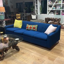 Mid-Century Modern 4-Seater Sofa – Walnut Legs & Blue Upholstery