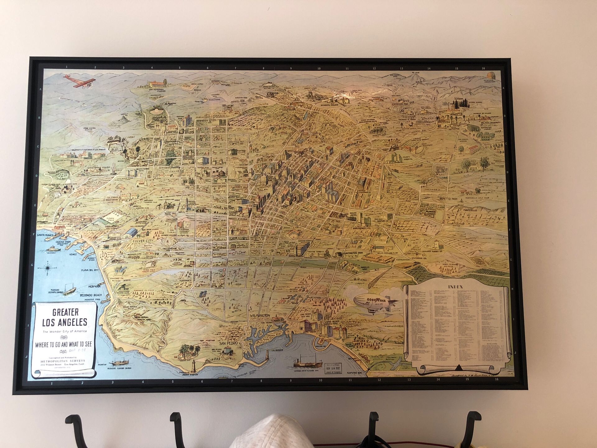 Vintage Los Angeles wall map, metal etching, black wood trim