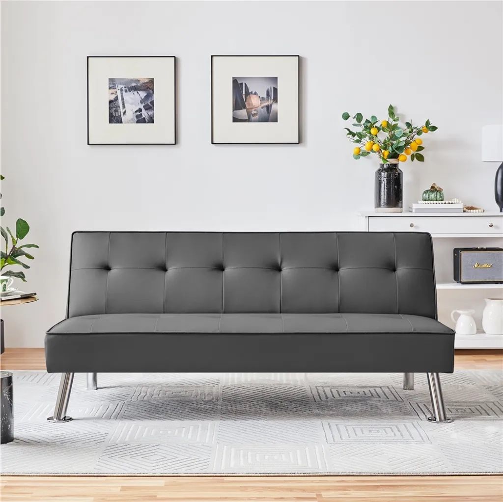Convertible Sofa Couch Bed Faux Leather Sofa Bed Sleeper Adjustable Loveseat Futon Couch Living Room Furniture with Chrome Metal Legs