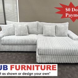 Big Soft Grey White Corduroy Sectional Couch