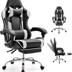 DUMOS Ergonomic Gaming Office Desk Chair with Footrest and Headrest, PU Leather Video Computer Chair with Linkage Armrests, Height Adjustable 360° Swi