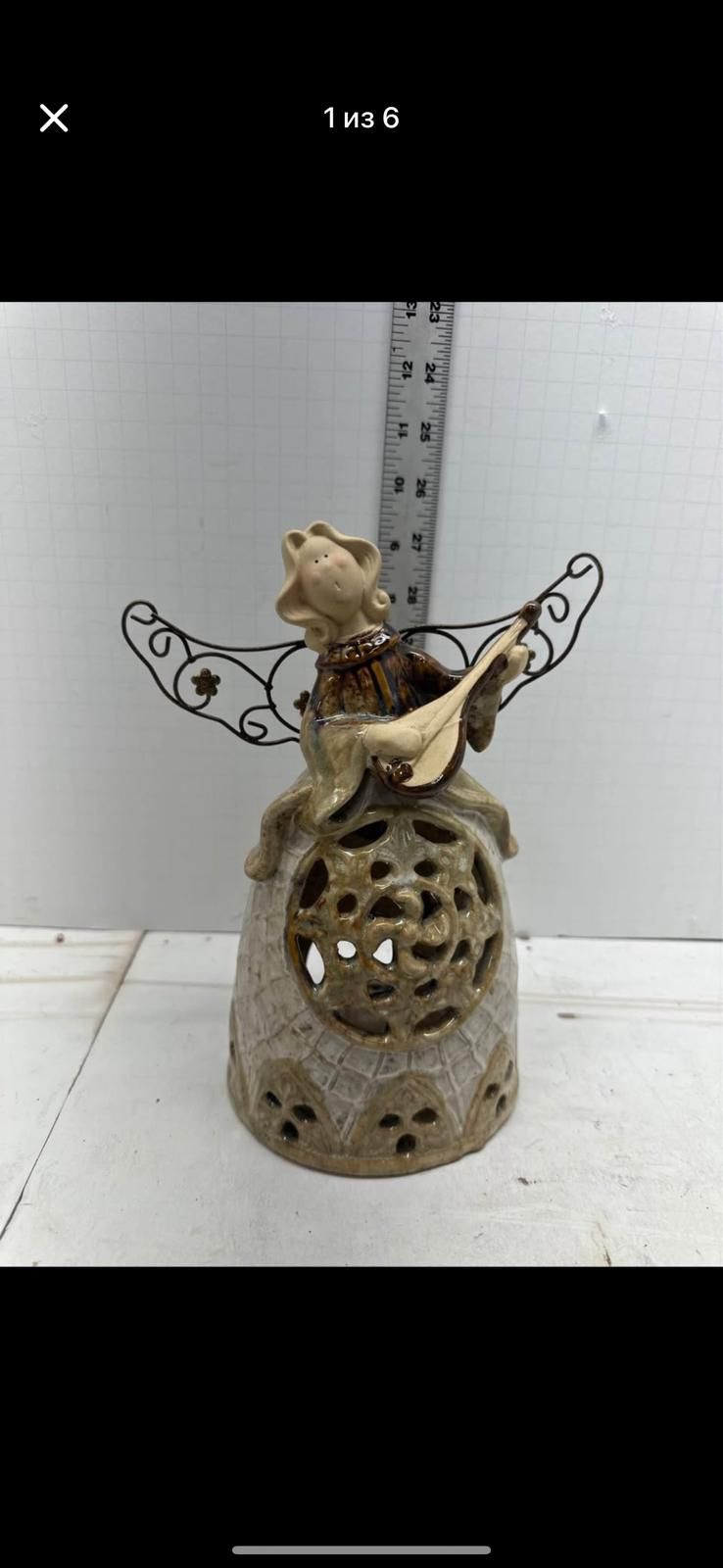 Ceramic Angel Playing a Mandolin Candle Holder #F8