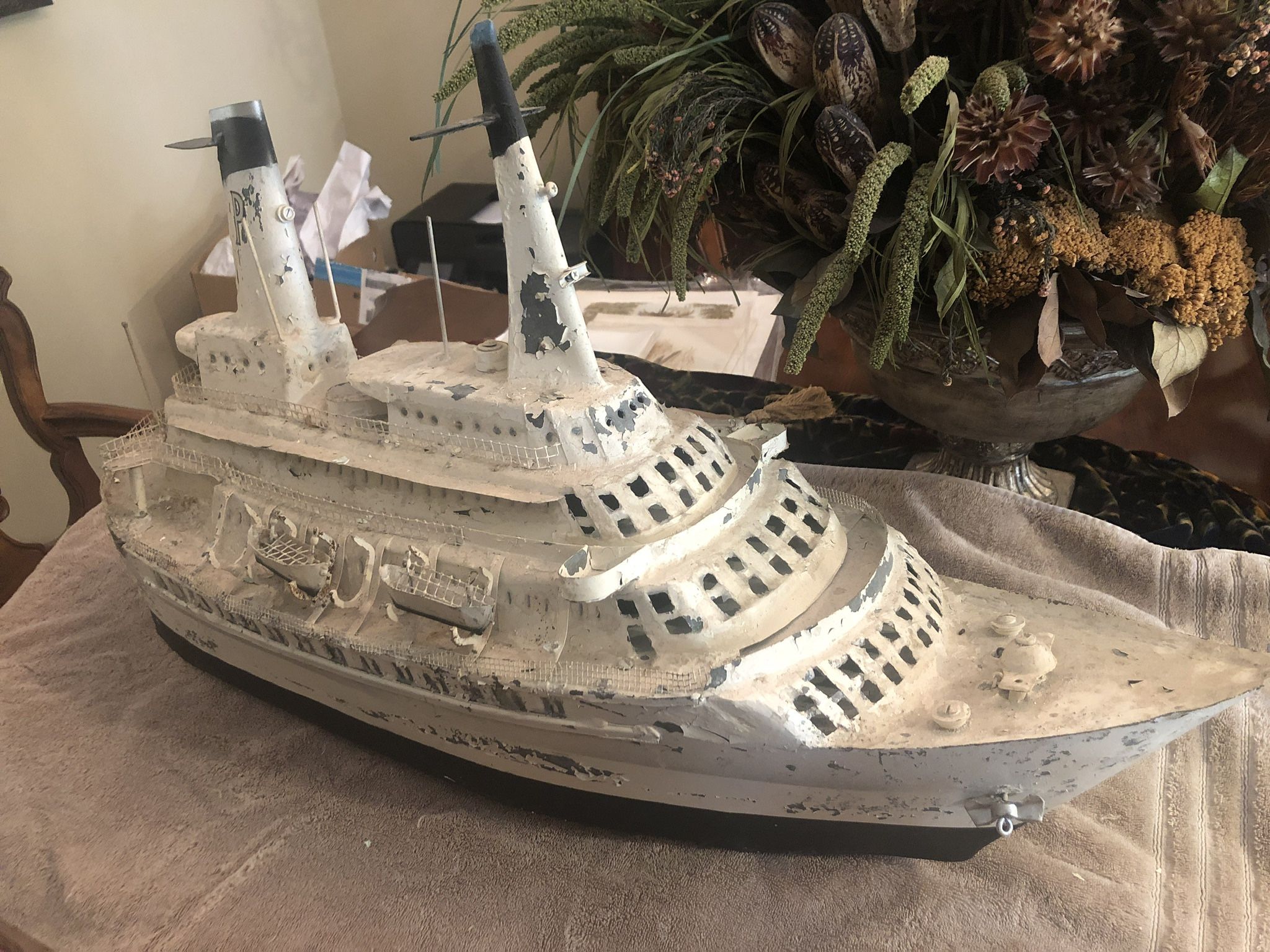 Vintage Large Custom Metal Model Steam Boat Ship