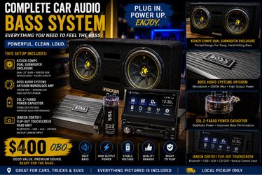Complete Kicker Car Audio Bass System + Amp + Capacitor + Jensen Flip-Out — $400 OBO