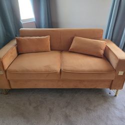 Orange Upholstered  Velvet Loveseat Mid-century Modern Loveseat Sofa 