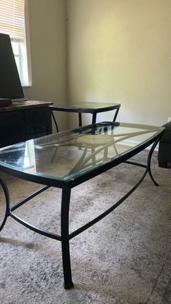 Matching Glass Top & Metal Coffee Table + End Table Set (Slate Tile Accent)