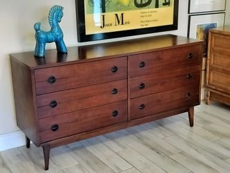 Mid Century Modern Dark Walnut 6 Drawer Double Dresser.  60W x 18D x 31H. See Description
