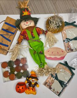 Fall Harvest Decor Bundle Scarecrow Figurine Wooden Sign Pie Candle Notepads Set