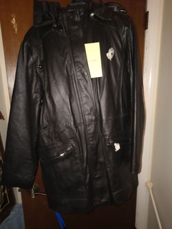 Centigrade Women's Black Leather Hooded Zip Mid-Length Jacket Coat Size M