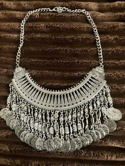 Silver Boho Coin Fringe Bib Necklace