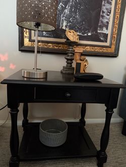 Black Wood End Table with Drawer and Shelf