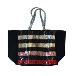 NEW Victorias Secret Large Sequin Tote Bag Black Colorful Stripe Bling Weekender