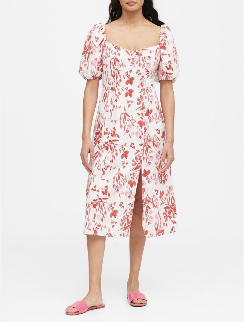 Brand new woman’s Banana Republic brand white and red colored puffed sleeve floral dress up for sale