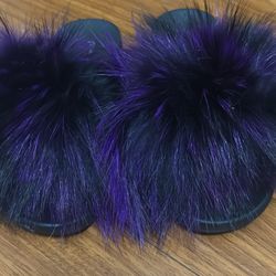 Purple And Black Fluffy Slides