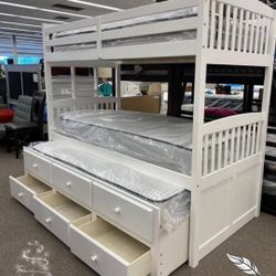 Micah White Twin Twin Bunk Bed with Trundle👌New