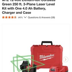 Milwaukee M12 12-Volt Lithium-Ion Cordless Green 250 ft. 3-Plane Laser Level Kit with One 4.0 Ah Battery, Charger and Case