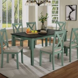 Brand New Rustic Distressed Teal Gray 7pc Dining Table Set 